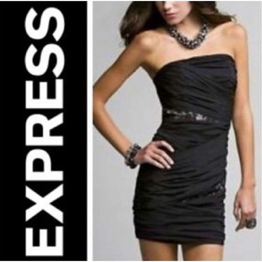 Womens Express Strapless Ruched Lace Black Silk Cocktail Evening Dress - Sz 10